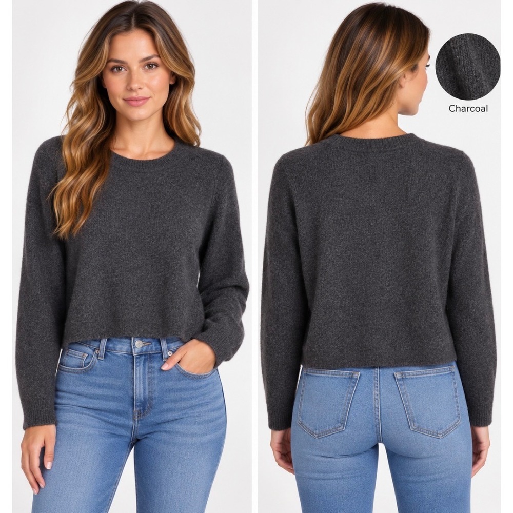 ZARA Charcoal Gray Cable Knit Cropped Sweater Size‎ M Boxy Crewneck Pullover